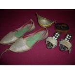 Pair of Indo-Persian leather silver wirework embroidered slippers, a pair of child's Mother of Pearl