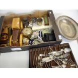 Two carved wooden models of cars, various silver plated ware, Chinese tea caddy, dolls and other