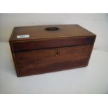 19th C mahogany inlaid rectangular tea caddy with hinged top revealing two lift out tea canister