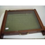 Mahogany framed table top jewellery type display with hinged lift up glazed top (62cm x 56cm x 12cm)