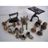 Selection of various brass door handles, adjustable height iron trivet and flat iron, various