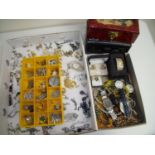 Costume jewellery, earrings, dress watches and bead necklaces in three boxes. A Chinoiserie inlaid