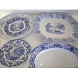 Albion stone china 19th C and later blue & white meat plate and other blue & white meat plates