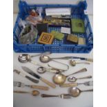 various assorted plated cutlery, cased pen set, straw work box, various compacts, cigarette cases,