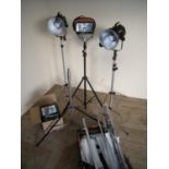 Pair of Courtenay 1000S Solaflash lights on tripods, flood light on stand, a Power Flash Pro PR200