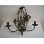 Modern burnished metal five branch light fitting with etched glass shades