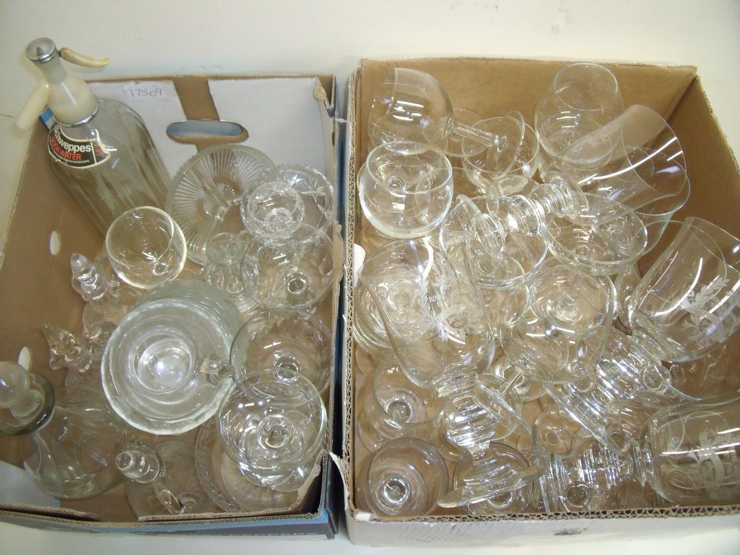 Selection of various assorted drinking glasses, commemorative goblets, Soda Stream etc in two boxes