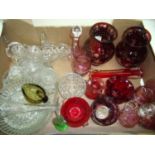 Pair of cranberry clear glass vases, various other cranberry glassware etc in one box