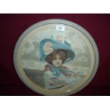 Early 20th C circular watercolour of lady in blue bonnet by Lucian Davies dated 1910 (diameter 35cm)