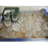 Box containing a quantity of quality glassware including cut glass champagne flutes, wine glasses