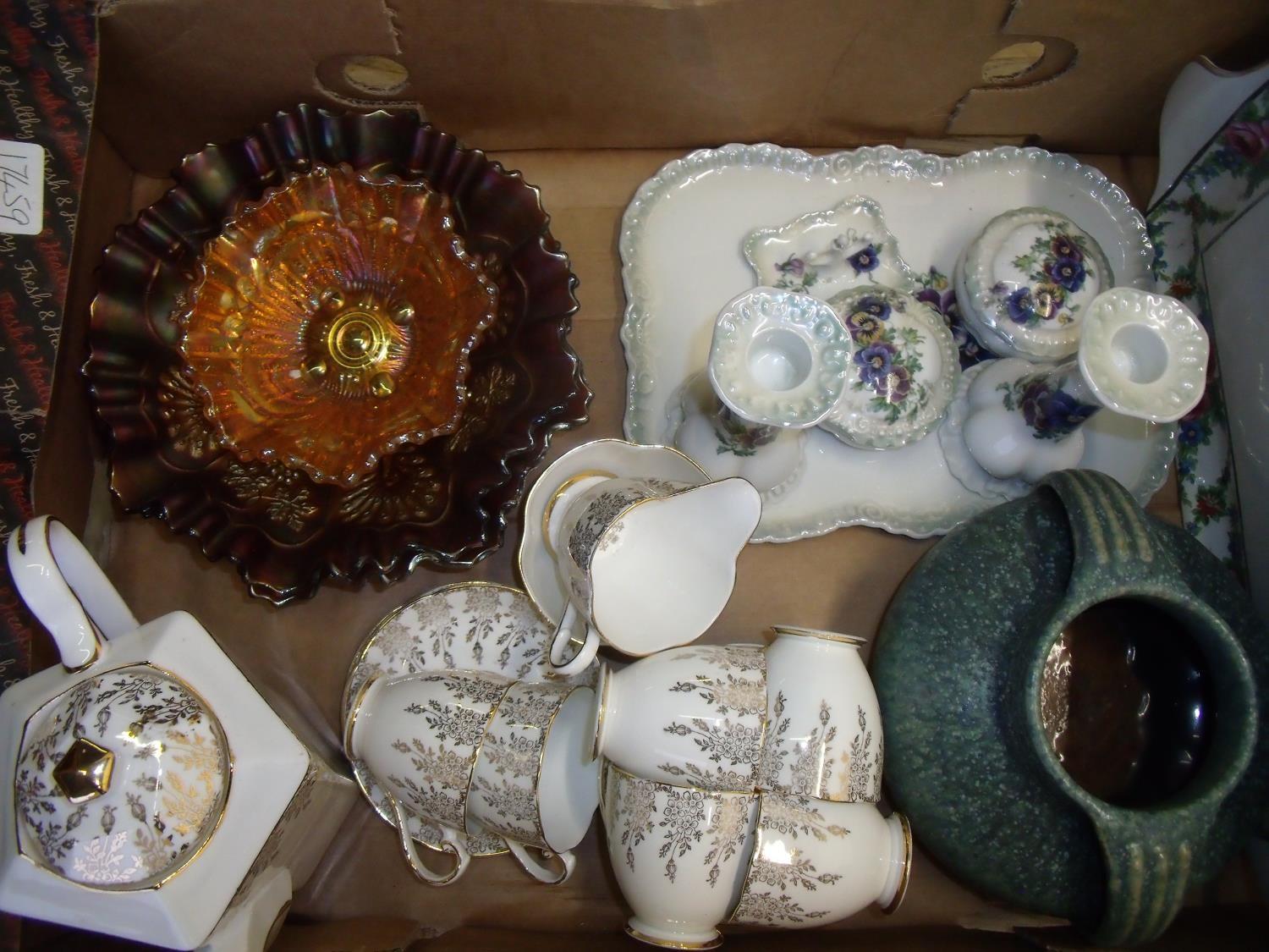 Six piece tea service, selection of carnival glass dishes, dressing table set and a Lovatt's Langley