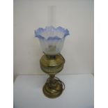 Early 20th C copper oil lamp with etched glass blue tinted shade