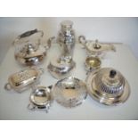 Silver plated gypsy kettle, cocktail shaker, Georgian style tea canister, silver plated gravy boat
