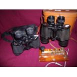 Mahogany mounted Morse Code devise, a brown leather cased 70x50 field binoculars and another set