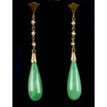 A pair of jadeite & seed pearl pendant earrings, the untreated pear shaped jadeites measuring