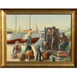 Danish school, early 20th century - FISHERFOLK WITH BOATS - oil on canvas, 19.8 by 27.5ins. (50.3 by