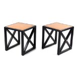 Property of a deceased estate - a pair of modern black & tan painted square topped occasional tables