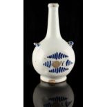 A delft, maiolica or fayence bottle of slightly flattened form, probably 18th century, with blue