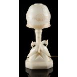 Property of a lady - an Art Deco alabaster table lamp & shade, the base surmounted by two opposing