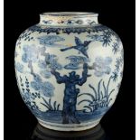 A Chinese Ming style blue & white ovoid jar painted with the Three Friends of Winter (pine, bamboo &