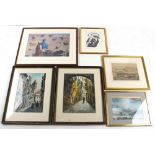 Property of a lady - a group of six framed & glazed pictures & prints including a watercolour by