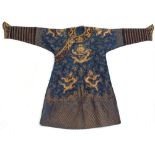 A late 19th century Chinese embroidered summer dragon robe with gilt wrapped threads & long