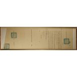 A Chinese official document, with four blue seals, the paper 10.25 by 35.25ins. (26 by 89.5cms.), in