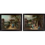 A good pair of Chinese oils on canvas depicting figures in court gardens, 18th / 19th century,