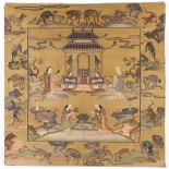 A good Chinese kesi panel with gold ground depicting scholars by a temple within a border of qilin &