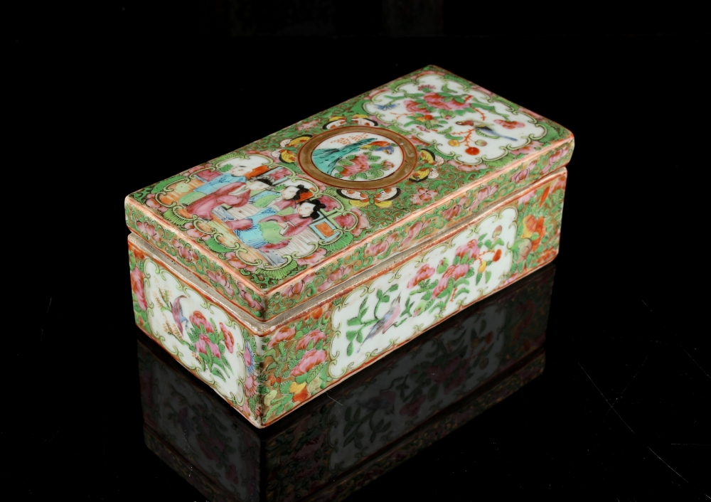 A 19th century Chinese Canton famille rose rectangular comb box & cover, with interior division, 7.