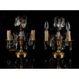Property of a lady - a pair of ormolu & cut glass lustre twin light table lamps, each
