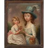 English school, early 19th century - TWO GIRLS WITH CHERRIES - oil on canvas, re-lined, 15.55 by