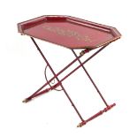 Property of a lady - a modern red toleware or tole peinte tray on folding stand, 28.75ins. (