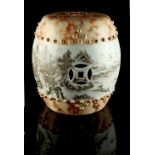 A small Chinese porcelain barrel seat, decorated en grisaille with a mountainous river landscape,