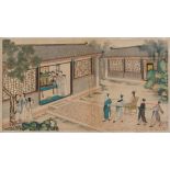 A Chinese scroll painting on silk depicting a courtyard scene with figures, Republic period (1912-