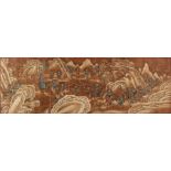 A 19th century Chinese landscape scroll painting on silk depicting soldiers in extensive mountainous