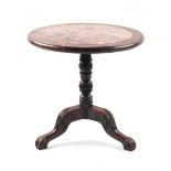 A Chinese hongmu & pink marble inset circular topped occasional table, circa 1900, with carved