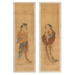 A pair of late 19th century Chinese scroll paintings on paper depicting standing figures, with