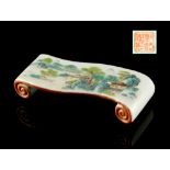 A Chinese famille rose scroll stand, painted with pavillions in mountainous landscape, the turquoise