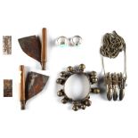 A bag containing two 19th century Chinese razors and a small quantity of Tibetan silver jewellery (a