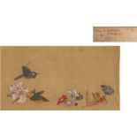 A Chinese scroll painting on silk depicting a praying mantis & butterflies around flowers, 18th /