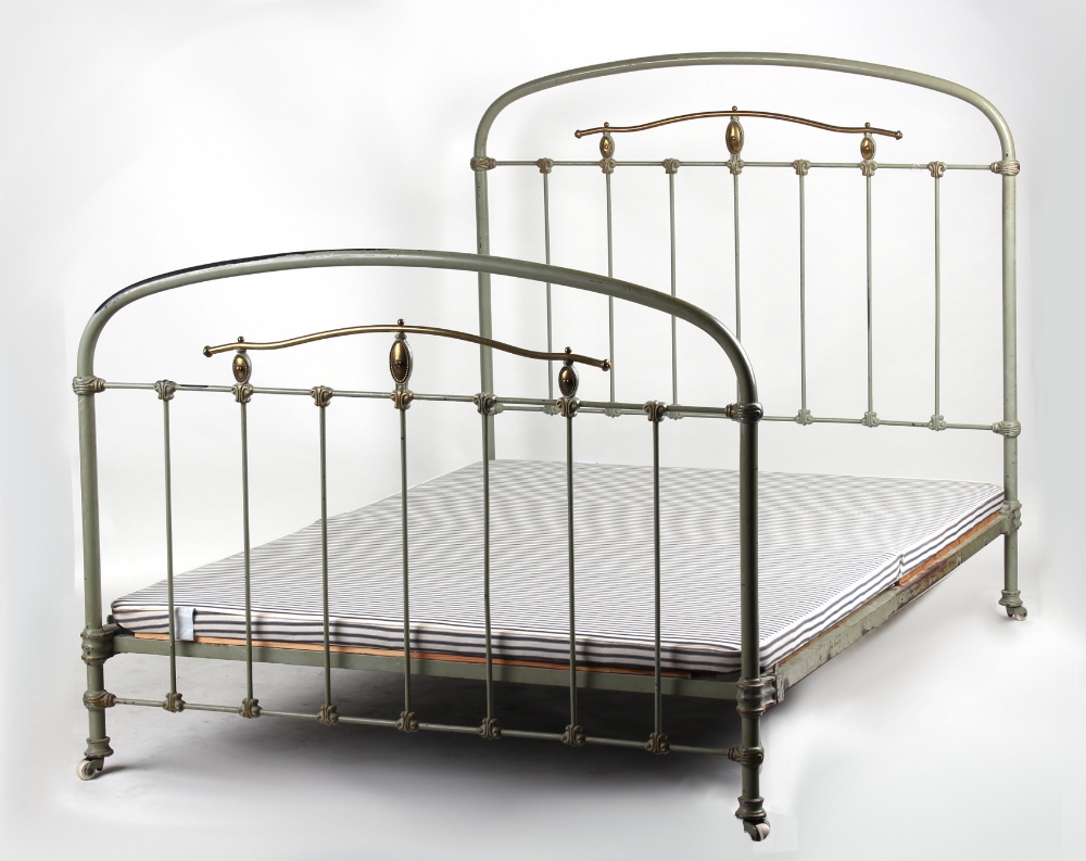 Property of a gentleman - a Victorian painted iron & brass double bedstead, with white china