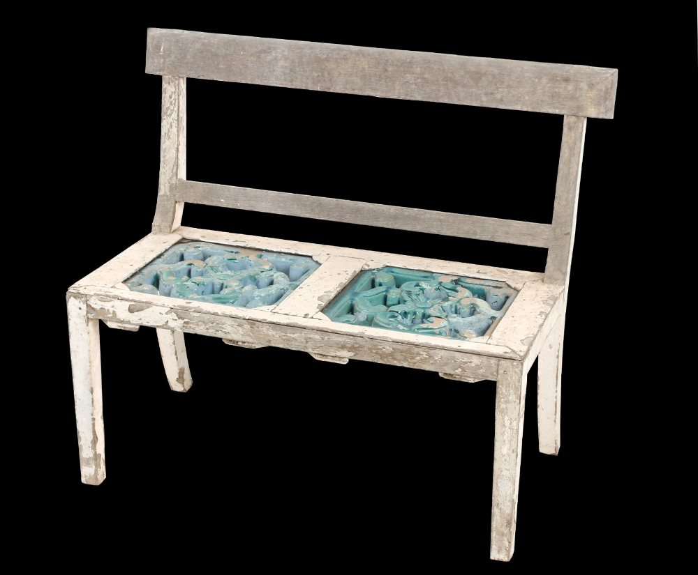 Property of a gentleman - a painted wood garden or conservatory bench, with turquoise glazed pottery