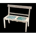 Property of a gentleman - a painted wood garden or conservatory bench, with turquoise glazed pottery