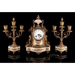 Property of a gentleman - a French white alabaster & gilt brass or ormolu three-piece clock