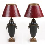 Property of a lady of title - a pair of brass & black painted urn table lamps with shades, each 30.