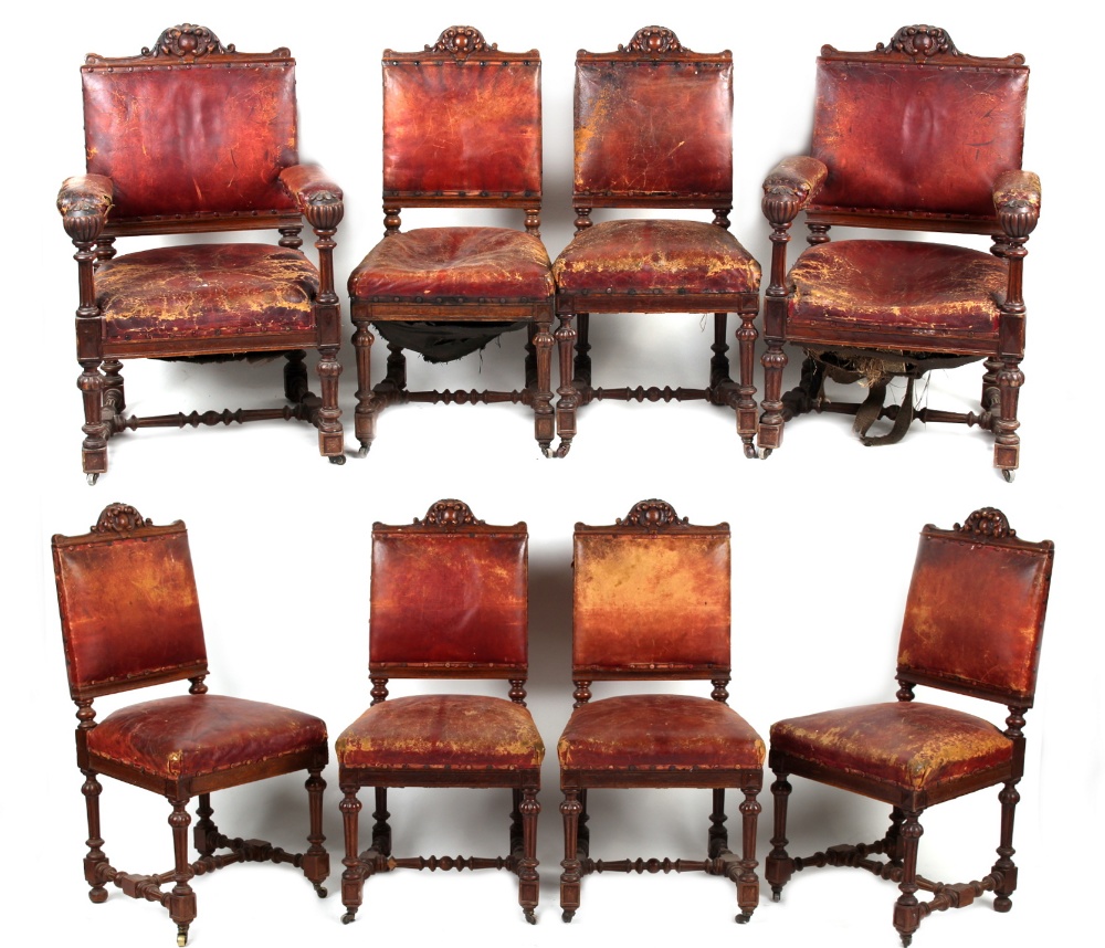 Property of a gentleman - a set of eight late 19th / early 20th century carved oak dining chairs