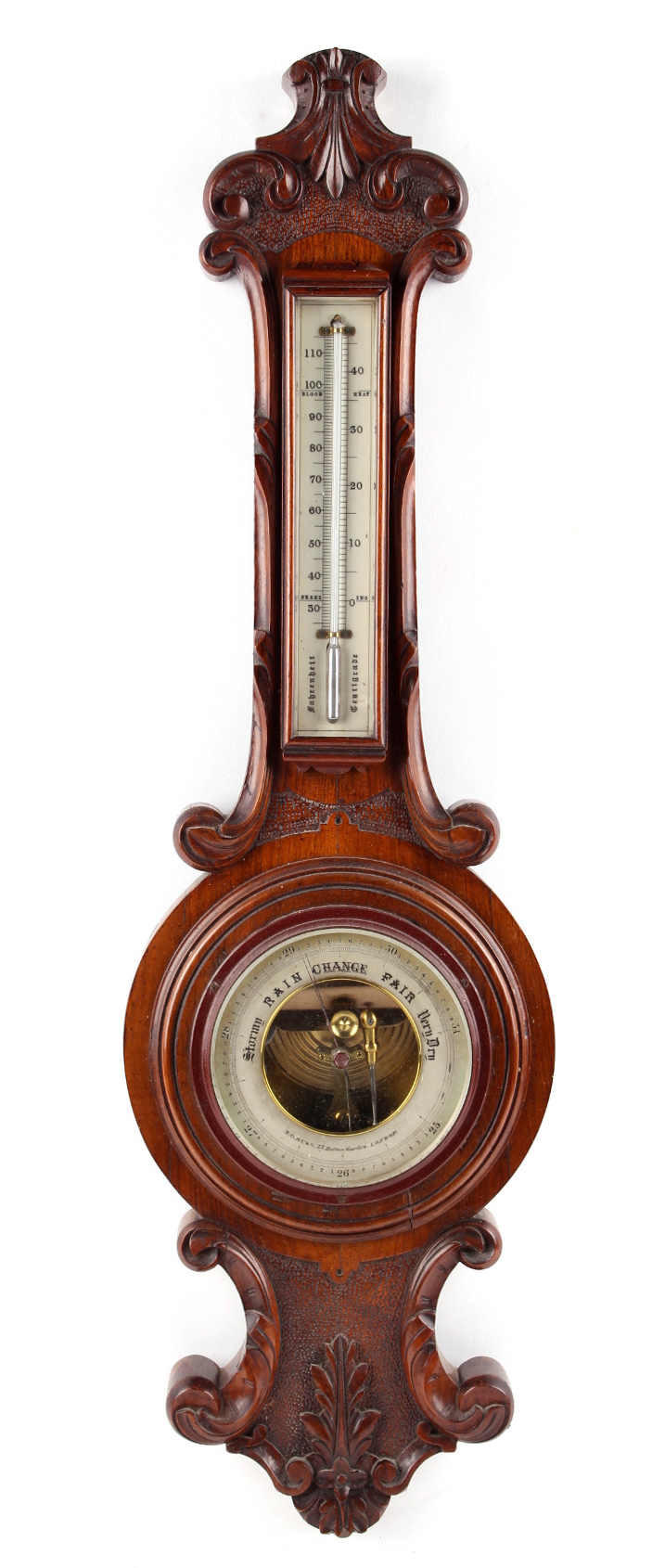 Property of a deceased estate - a late Victorian carved walnut aneroid barometer & thermometer, 26.