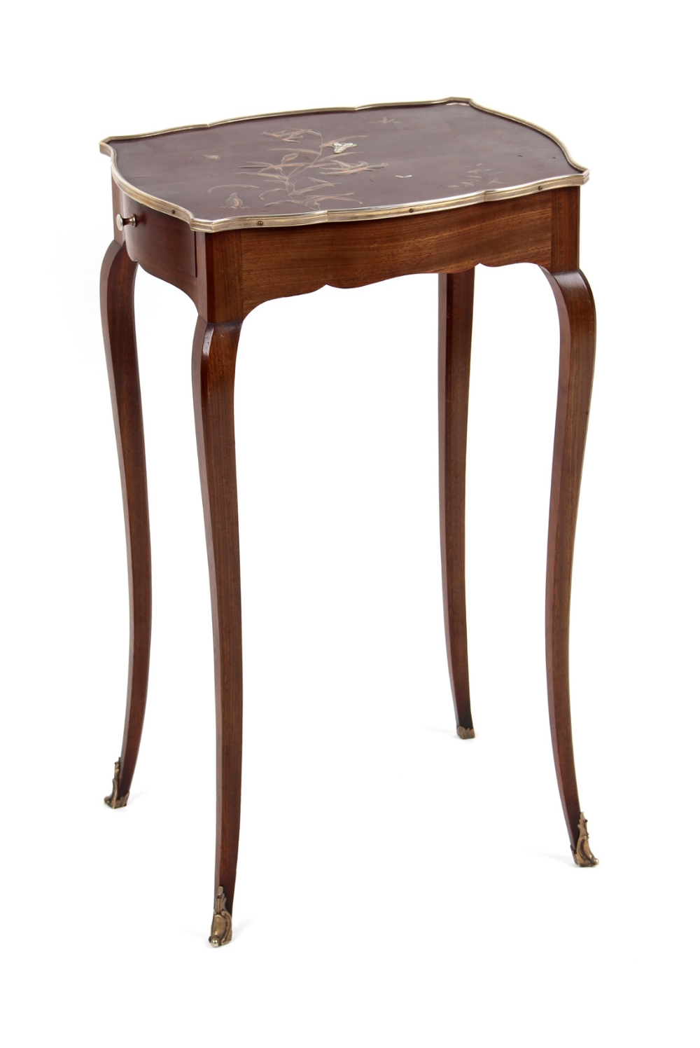 A French Louis XV style side table with frieze drawer, the serpentine shaped Japanese dark red