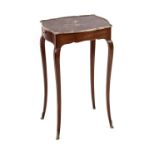 A French Louis XV style side table with frieze drawer, the serpentine shaped Japanese dark red